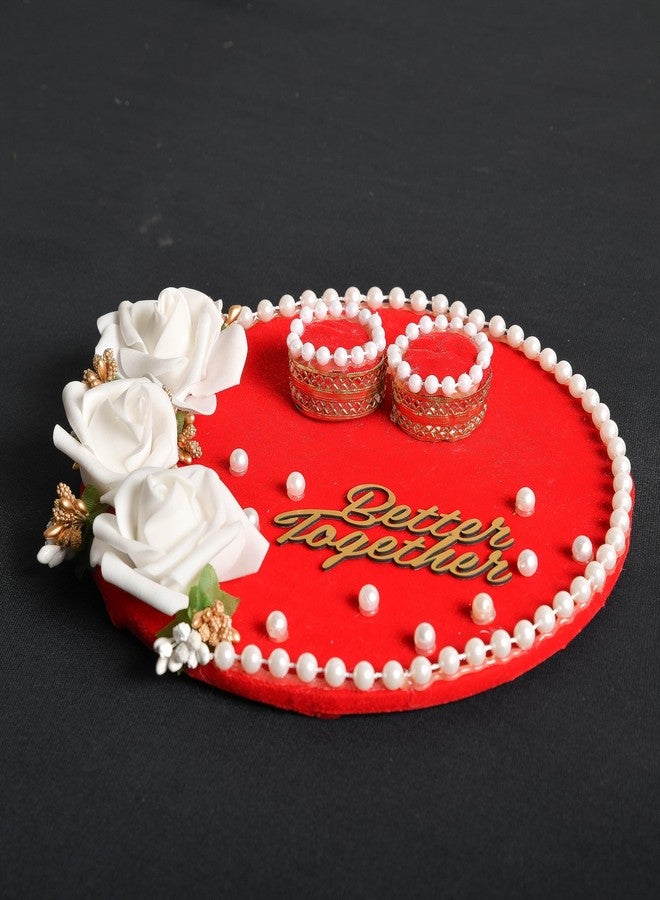 Mridang Engagement Wedding Ring Platter Better Together Thali | Wedding Ring Platter | Marriage Décor | Engagement Tray (Red,White) velvet - Image 4
